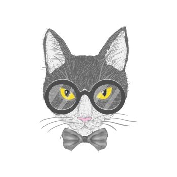 Hipster cat with glasses bow and yellow eyes isolated vector illustration