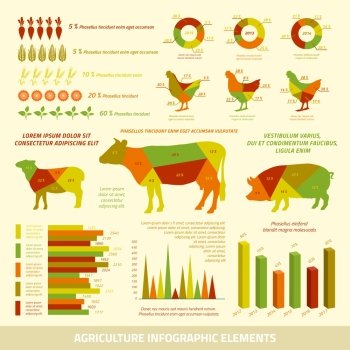 Agriculture infographics flat design elements of livestock chickens and crops vector illustration