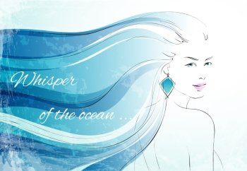 Whisper of the ocean background with sensual woman with wavy hairs vector illustration