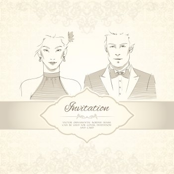 Classical wedding invitation card with man and woman portraits vector illustration
