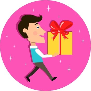 Young man character carrying present gift box for birthday celebration event vector illustration
