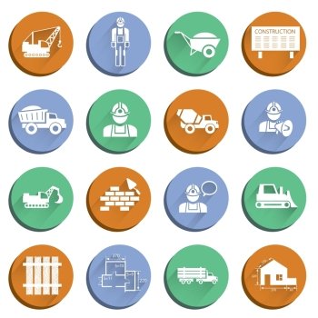 Construction icons set of cement mixer truck and urban engineering isolated vector illustration