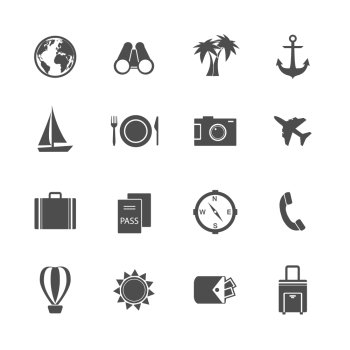 Holidays vacation pictograms collection of yacht plane sun and balloon isolated vector illustration