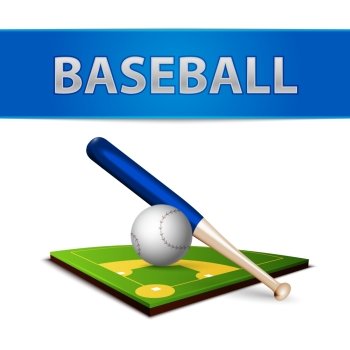 Realistic baseball ball bat and green grass field emblem isolated vector illustration