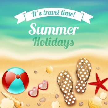 Summer holiday vacation travel background poster with beach accessories sunglasses sandals and starfish vector illustration