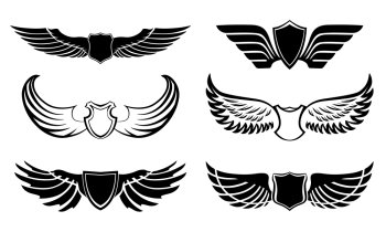Abstract feather angel or bird wings pictograms set isolated vector illustration