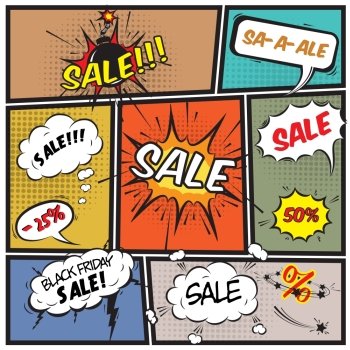 Comics best offer sale promotion bubbles on strip background vector illustration