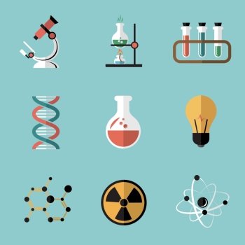 Chemistry bio technology science flat icons set of molecule nuclear power and microscope for school education isolated vector illustration