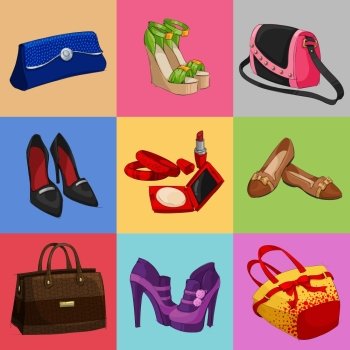Women fashion bags classic shoes and modern accessories collection of decorative icons vector illustration