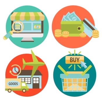 Online shopping business icons set of internet catalog purchase and delivery service vector illustration