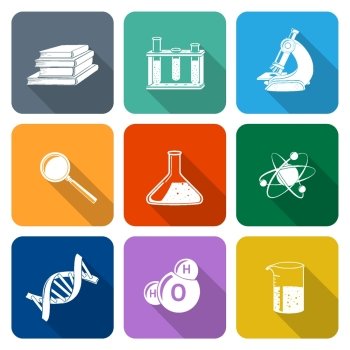 Flat science icons set with magnifier flask atom structure isolated vector illustration