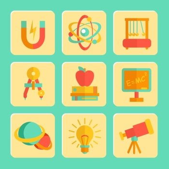 Physics equipment teaching and studying decorative icons set of blackboard  telescope and lightbulb  isolated vector illustration