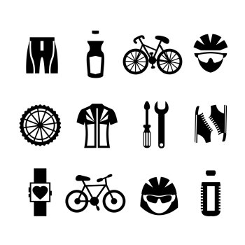 Bicycle sport fitness black and white icons set with clothes bottle helmet cyclist isolated vector illustration