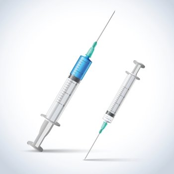 Realistic injection vaccine syringes medicine health care emblem vector illustration