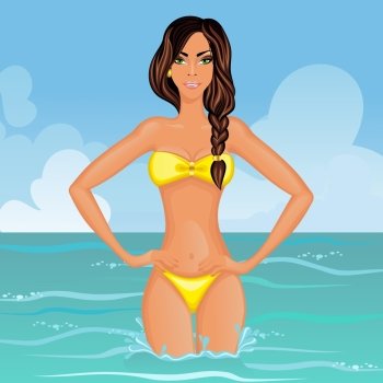 Slim and attractive young woman in yellow bikini standing in seawater vector illustration