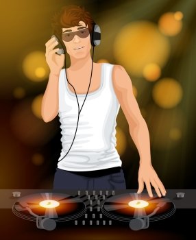 Night club disco sexy DJ young male in white singlet with headphones and sunglasses  poster vector illustration