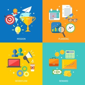 Business process concept mission planning workflow reward icons set vector illustration