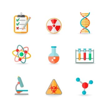 Scientific chemistry laboratory equipment of retort glass atom dna symbols icons set isolated vector illustration