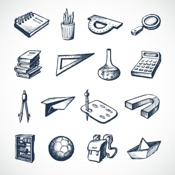 Retro school education sketch icons set of notebook ruler magnifier vector illustration