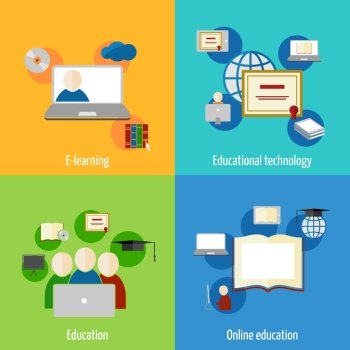 Online education e-learning flat webinar digital school icons set isolated vector illustration