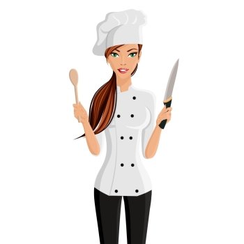 Young attractive woman in restaurant chef hat with knife and spatula  isolated on white background vector illustration