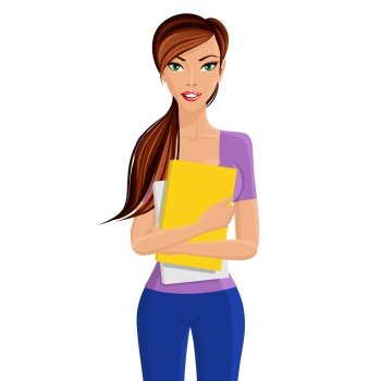Young elegant beautiful student girl standing holding yellow study documents folder in hands isolated vector illustration