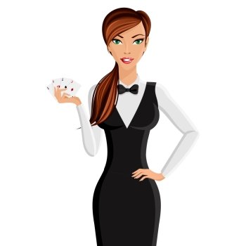 Attractive young woman casino dealer with cards portrait isolated on white background vector illustration