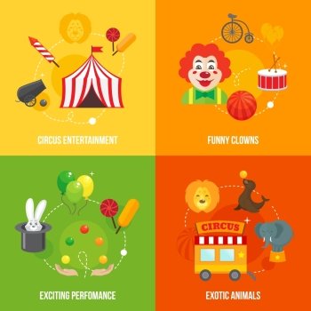 Four retro travel circus funny clown entertainment performance with exotic animals icons composition concept flat vector illustration