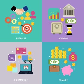 Business process concept of banking e-commerce shopping finance flat icons set vector illustration
