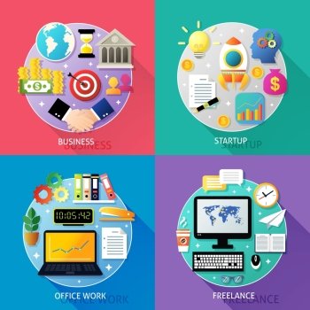 Business types concept startup office work freelance icons set isolated vector illustration