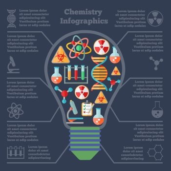 Chemistry scientific research technology infographic report bulb form layout presentation with dna symbol molecule structure vector illustration