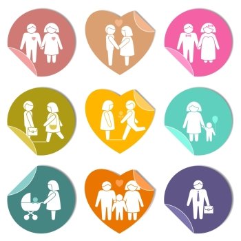 Women and men family love symbol stickers set of parents children couple isolated vector illustration.