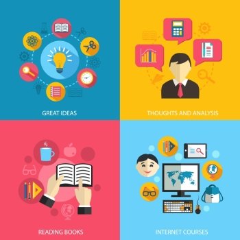 Education learning concept flat icons set of great ideas books reading e-learning internet courses and research for infographics design web elements vector illustration