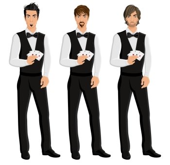 Handsome sexy young men casino dealers with cards portrait set isolated vector illustration.