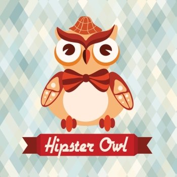 Hipster owl with hat and bow tie on rhombus background vector illustration