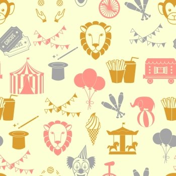 Vintage decorate circus tent with clown magical wand seamless wrap paper pattern in red orange gray color vector illustration