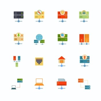 Hosting computer network flat icons set with file dashboard infrastructure elements isolated vector illustration