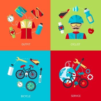 Business concept flat icons set of bicycle sport outfit cyclist bike service infographic design elements vector illustration