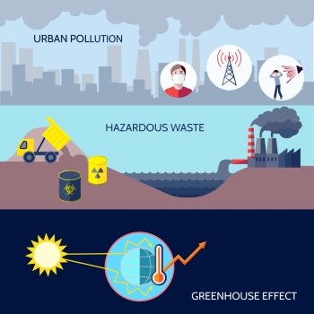 Pollution urban hazardous waste greenhouse effect icons flat set isolated vector illustration