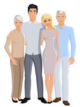 Old senior people family grandparents couple with adult son and daughter full length portrait vector illustration
