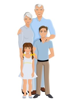 Old senior people family grandparents couple with granddaughter and grandson full length portrait vector illustration