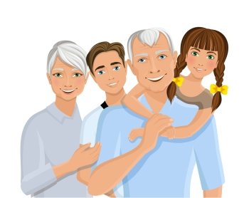 Old senior people family grandparents couple with grandchildren half-length portrait vector illustration