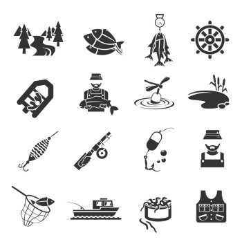 Set of fish fisher hobby leisure icons in black gray color isolated on white vector illustration