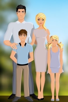 Happy family parents and kids full length portrait on outdoor background vector illustration