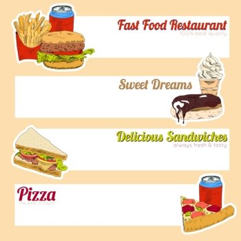Fast food restaurant menu delicious sandwiches pizza hotdog sweet drinks fill in template form banner vector illustration