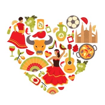 Decorative spain cultural traditions flamenco dance food grape vine emblems heart shape print poster abstract vector illustration