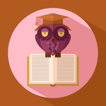 Purple owl in graduation cap holding open book flat vector illustration