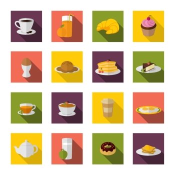 Breakfast food and drink icon flat set with bacon and eggs pancakes isolated vector illustration