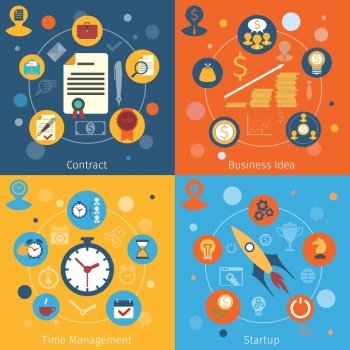 Modern web concepts flat set with contract business idea time management startup isolated vector illustration
