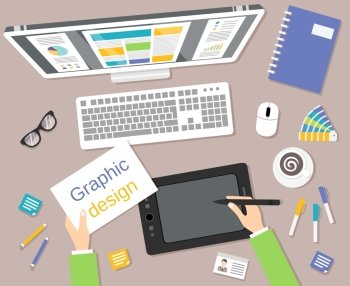 Graphic designer studio tools workplace top view with monitor and tablet vector illustration